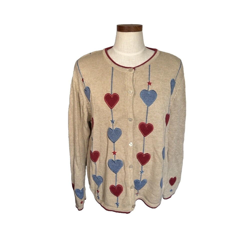 VTG Christopher & Banks Knit Patriotic Heart Sweater Grannycore 4th July Large